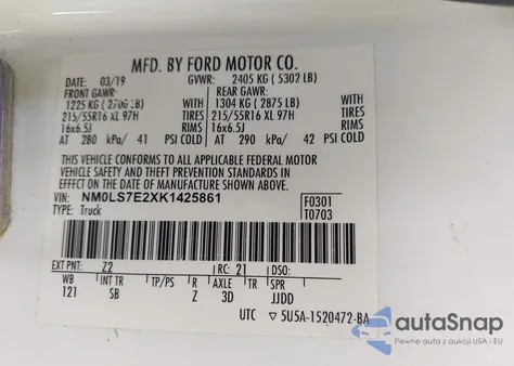 2019 Ford Transit Connect Xl из США, поврежденный, VIN NM0LS7E2XK1425861